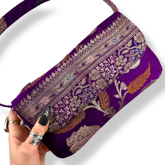 90's designer purple floral silk shoulder bag by SARAH SHAW LOS ANGELES - Picture 2 of 16